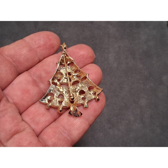 Vintage Christmas Tree Brooch Gold Tone Pink Glitter Red Glass Rhinestones - Picture 3 of 3